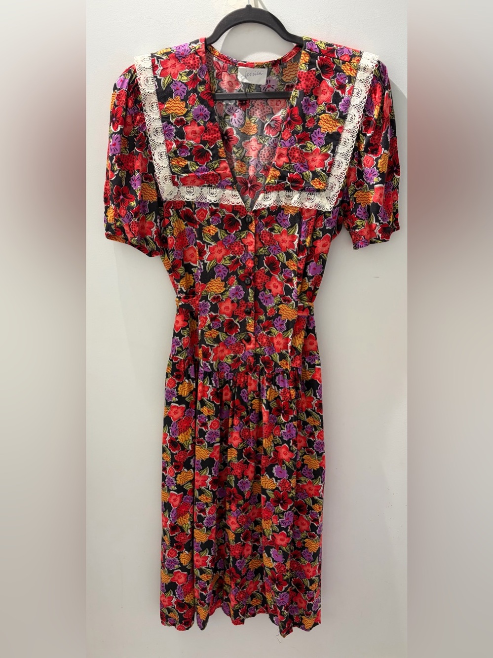 Vintage Jessica Floral Midi Dress Peter Pan Lace Collar Tie Waist Prairie Dress - Picture 2 of 5